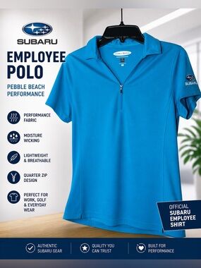 Subaru Employee Polo Pebble Beach Performance Blue Zip Golf Shirt Small